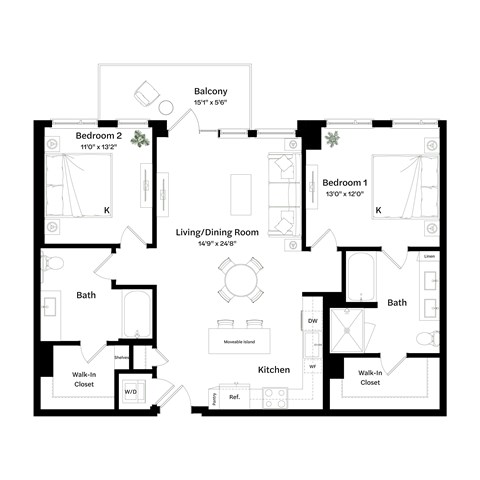 Floor plan for 2 beds, 2 baths, 1164 sqft