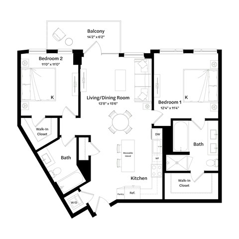 Floor plan for 2 beds, 2 baths, 1050 sqft