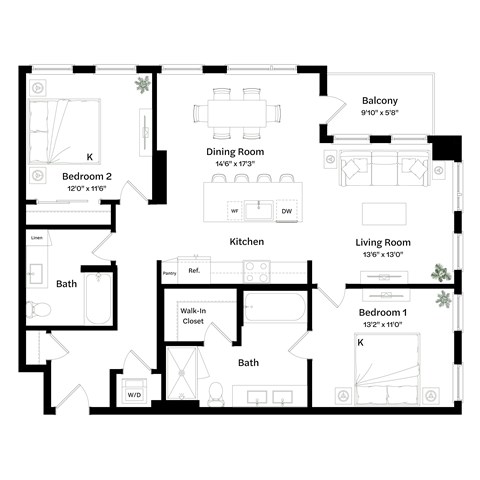 Floor plan for 2 beds, 2 baths, 1181 sqft