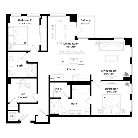 Floor plan for 2 beds, 2 baths, 1298 sqft