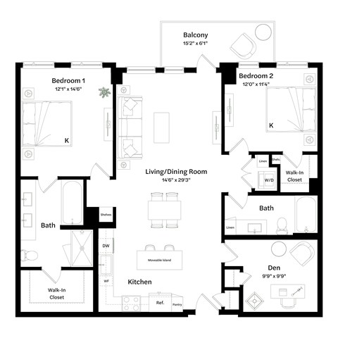 Floor plan for 2 beds, 2 baths, 1327 sqft