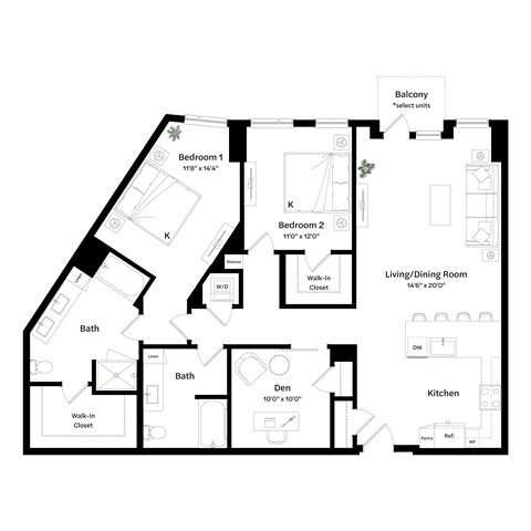 Floor plan for 2 beds, 2 baths, 1410 sqft