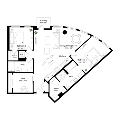 Floor plan for 2 beds, 2 baths, 1361 sqft