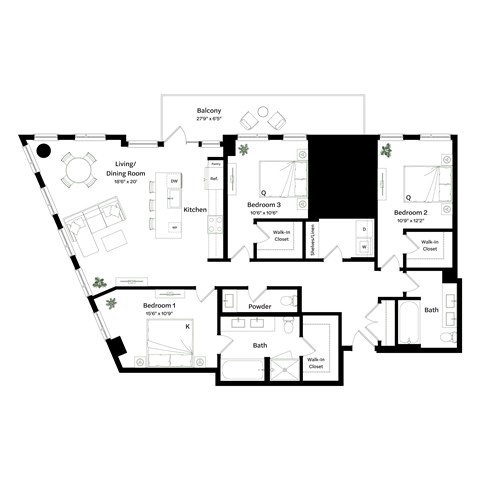 Floor plan for 3 beds, 2 baths, 1589 sqft