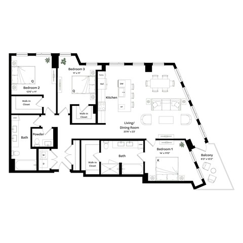 Floor plan for 3 beds, 2 baths, 1650 sqft