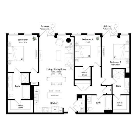 Floor plan for 3 beds, 2 baths, 1637 sqft