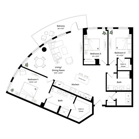Floor plan for 3 beds, 2 baths, 1549 sqft