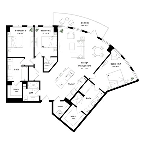 Floor plan for 3 beds, 2 baths, 1631 sqft