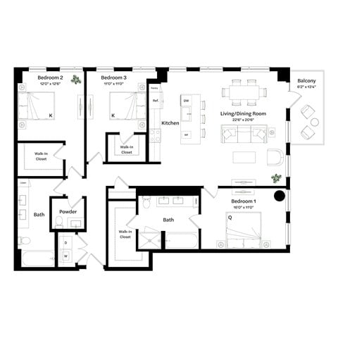 Floor plan for 3 beds, 2 baths, 1702 sqft