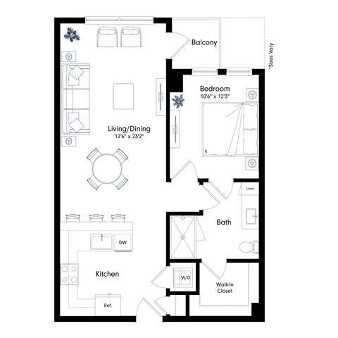Floor plan for 1 bed, 1 bath, 791 sqft