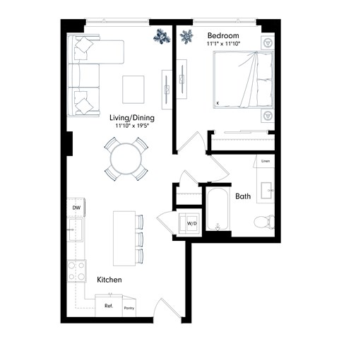 Floor plan for 1 bed, 1 bath, 735 sqft