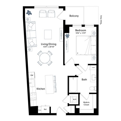 Floor plan for 1 bed, 1 bath, 766 sqft
