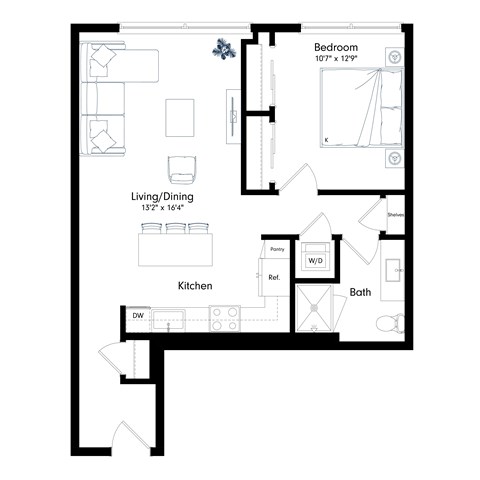 Floor plan for 1 bed, 1 bath, 772 sqft