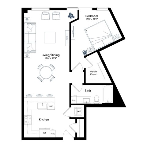 Floor plan for 1 bed, 1 bath, 822 sqft
