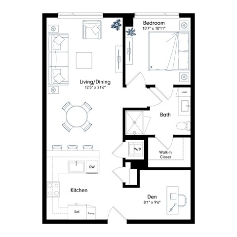 Floor plan for 1 bed, 1 bath, 814 sqft