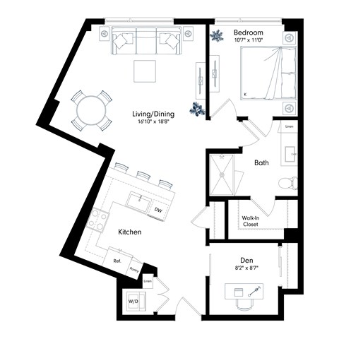 Floor plan for 1 bed, 1 bath, 918 sqft