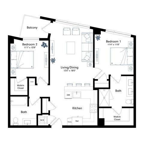 Floor plan for 2 beds, 2 baths, 1015 sqft
