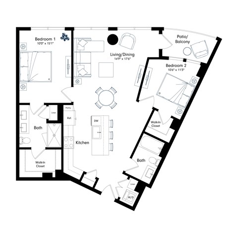 Floor plan for 2 beds, 2 baths, 1103 sqft