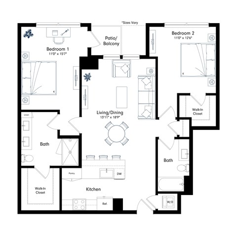 Floor plan for 2 beds, 2 baths, 1182 sqft