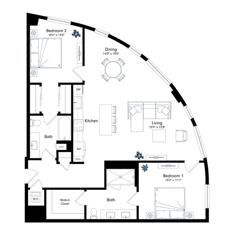 Floor plan for 2 beds, 2 baths, 1151 sqft