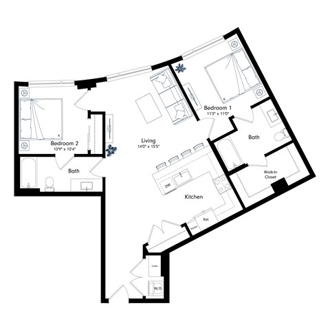 Floor plan for 2 beds, 2 baths, 1074 sqft