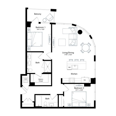 Floor plan for 2 beds, 2 baths, 1111 sqft