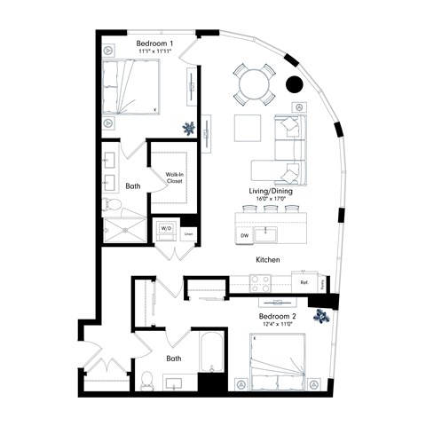 Floor plan for 2 beds, 2 baths, 1159 sqft
