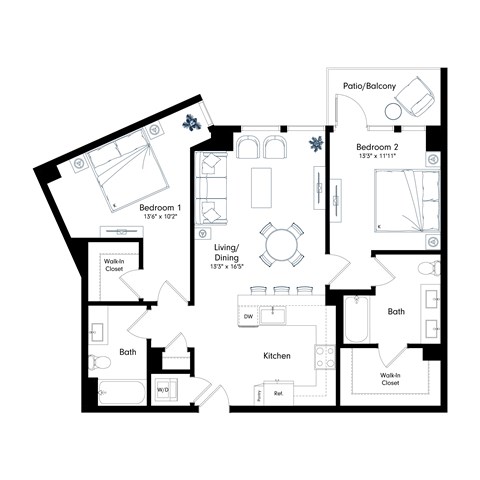 Floor plan for 2 beds, 2 baths, 1080 sqft