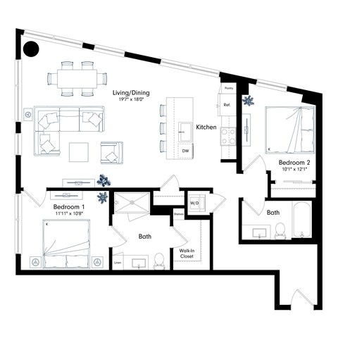 Floor plan for 2 beds, 2 baths, 1194 sqft