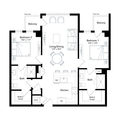 Floor plan for 2 beds, 2 baths, 992 sqft