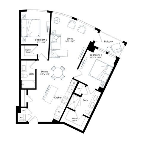 Floor plan for 2 beds, 2 baths, 1116 sqft