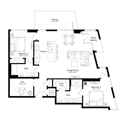 Floor plan for 2 beds, 2 baths, 1305 sqft