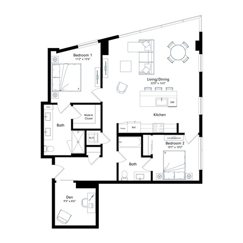 Floor plan for 2 beds, 2 baths, 1283 sqft