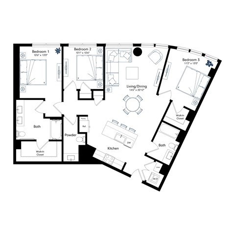 Floor plan for 3 beds, 2 baths, 1408 sqft