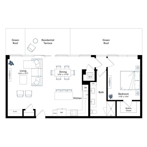 Floor plan for 1 bed, 1 bath, 943 sqft