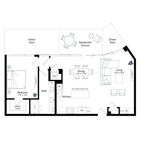 Floor plan for 1 bed, 1 bath, 958 sqft