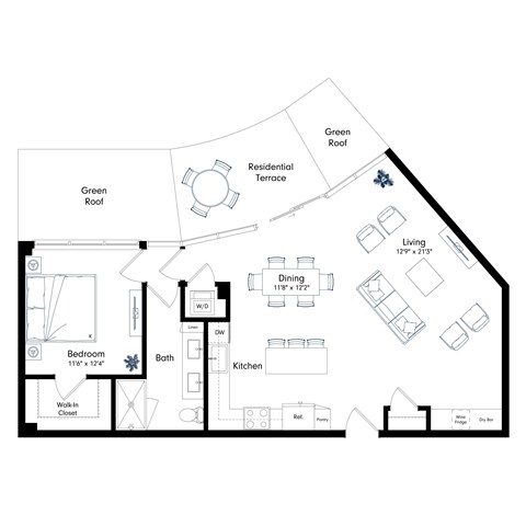 Floor plan for 1 bed, 1 bath, 993 sqft