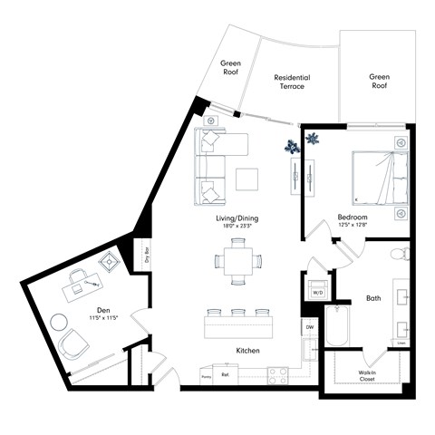 Floor plan for 1 bed, 1 bath, 1180 sqft