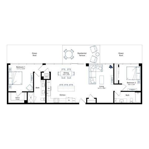 Floor plan for 2 beds, 2 baths, 1271 sqft
