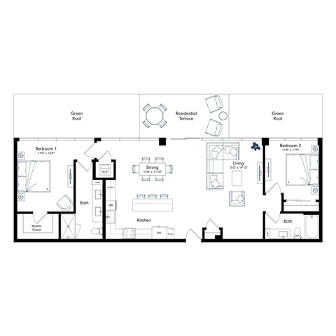 Floor plan for 2 beds, 2 baths, 1273 sqft