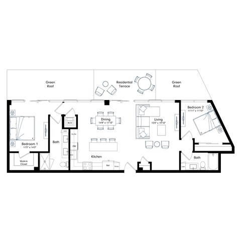 Floor plan for 2 beds, 2 baths, 1310 sqft