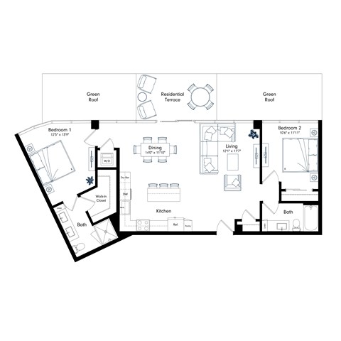 Floor plan for 2 beds, 2 baths, 1121 sqft