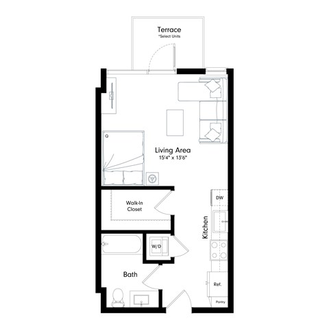 Floor plan for studio, 1 bath, 470 sqft