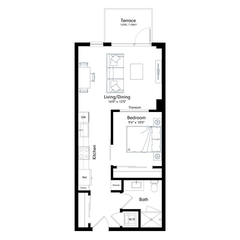 Floor plan for 1 bed, 1 bath, 596 sqft