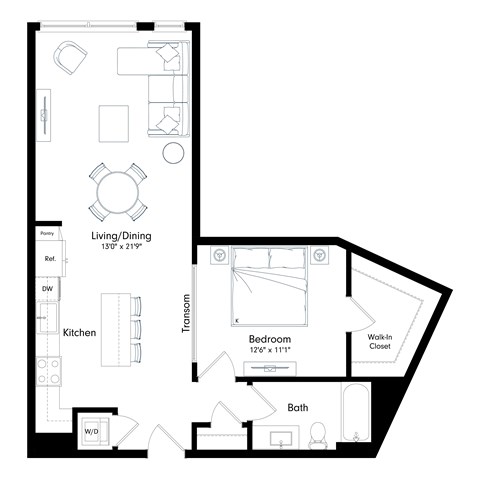 Floor plan for 1 bed, 1 bath, 800 sqft