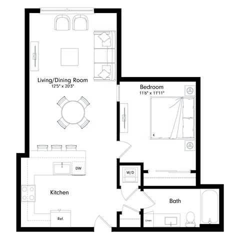 Floor plan for 1 bed, 1 bath, 734 sqft