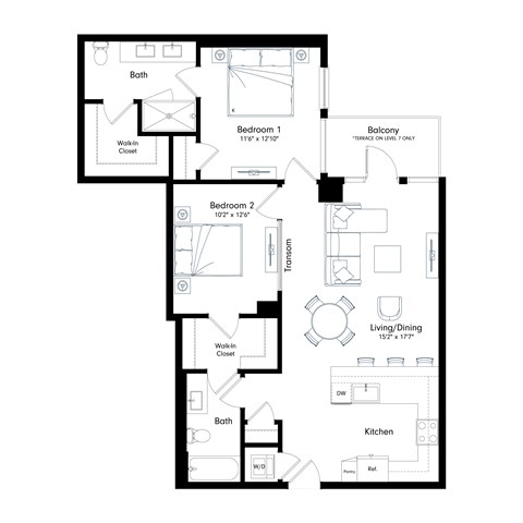 Floor plan for 2 beds, 2 baths, 1110 sqft