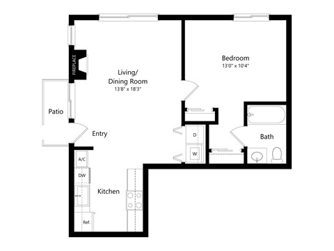 Floor plan for 1 bed, 1 bath, 758 sqft