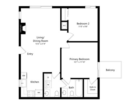 Floor plan for 2 beds, 1.5 baths, 960 sqft