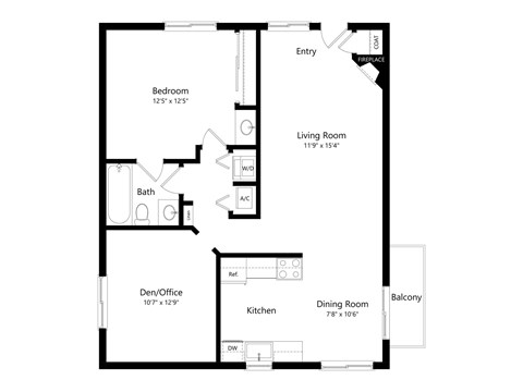 Floor plan for 1 bed, 1 bath, 974 sqft